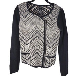 Lucky Brand Black and White Zip Jacket Tapestry Boho Aztec Tribal Size S…